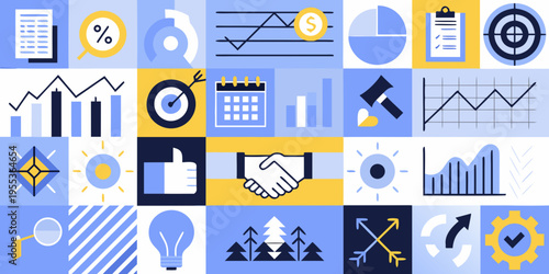 Colorful mosaic of business and finance related icons and symbols