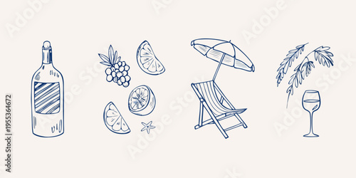 A summer scene with wine fruit beach chair and coastal elements
