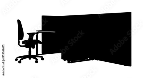 Office workstation with ergonomic chair and desk divider screen on white background for privacy