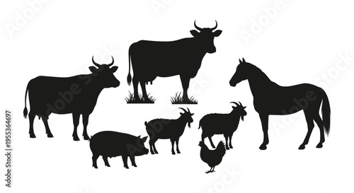 Farm animals silhouettes including cow horse goat pig and chicken on white background rural scene