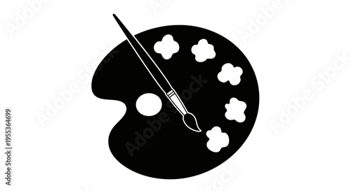 Black paint palette with white paint blobs and brush artistic tool for creative projects and design