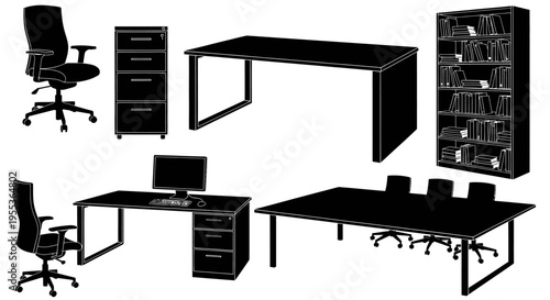 Office furniture set with desks chairs and bookshelves arranged for business or workspace organization and productivity