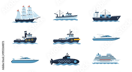 Set of Various Marine Vessels and Ships Icons