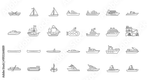 Set of Various Watercraft and Ship Line Icons