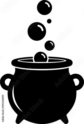 A bubbling cauldron emits steam and bubbles on a dark background