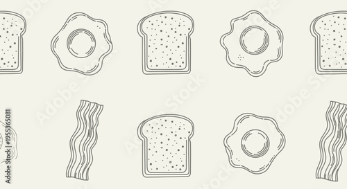 Breakfast Food Seamless Pattern with Fried Eggs, Bacon and Toast