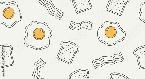 Seamless Pattern of Breakfast Food Icons with Eggs Bacon and Toast