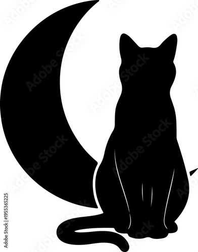 A black cat sits facing away on a crescent moon at night