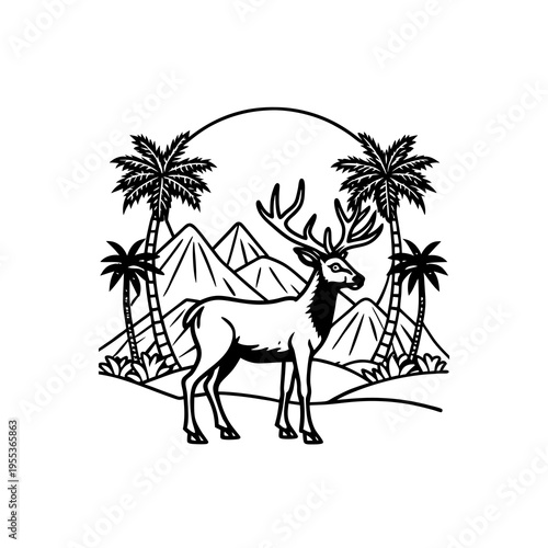Monochrome line art illustration of a majestic deer standing in a tropical landscape with palm trees and mountains under an arc.