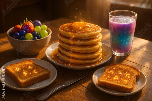 Golden Pancake Breakfast Spread with Fruit and Rainbow Drink