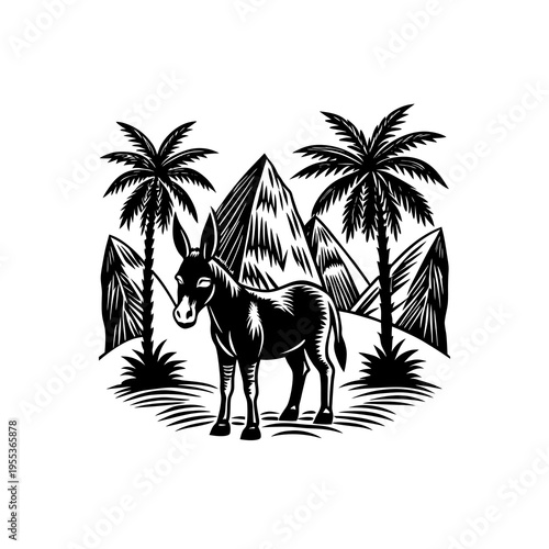 Black and white woodcut illustration of a donkey standing in a desert landscape with palm trees and mountains in the background.