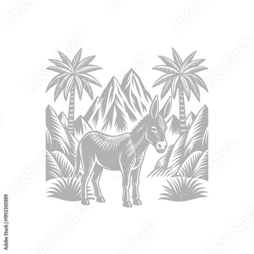 Detailed illustration of a donkey standing in a desert landscape with palm trees and mountains in the background, rendered in a grayscale woodcut style.