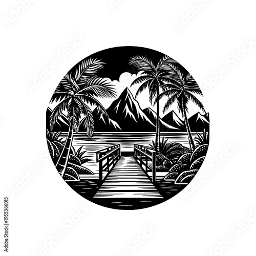 Black and white woodcut style illustration of a tropical landscape with a pier, palm trees, and mountains in a circular frame.