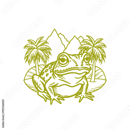 Stylized illustration of a frog on a tropical island with palm trees and mountains in the background.