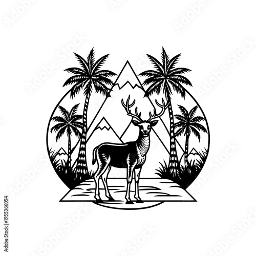 Black and white illustration of a majestic deer standing in a tropical mountain landscape with palm trees and geometric elements.