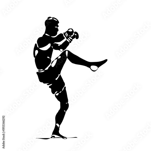 Minimal black silhouette of Muay Thai fighter performing a high kick. Dynamic vector design representing strength and motion, ideal for prints, textiles, posters, and sports backgrounds.