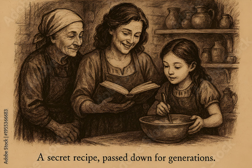 Three Generations of Women Sharing a Family Recipe Tradition