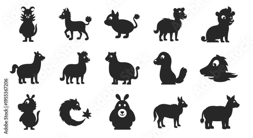 Set of Cute Cartoon Animal Silhouettes