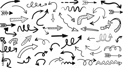 Collection of hand drawn arrows and silhouette pointers on white background
