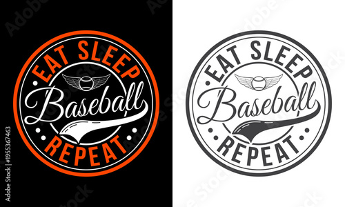 Eat Sleep Baseball Repeat Typography T-Shirt Design with Vintage Badge Style, Sports Lifestyle Quote Lettering Graphic, Circular Emblem Apparel Print