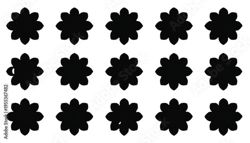 Fifteen solid black geometric flower icons with eight rounded petals are uniformly presented across a white.