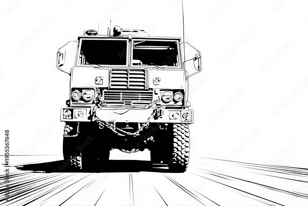 Obraz premium Monochrome Illustration of Military Truck on White Background Conveying Power and Strength