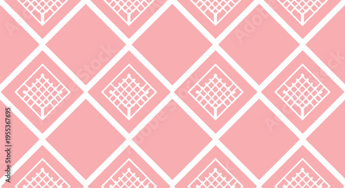 Pink background features seamless pattern of white geometric diamonds and intricate square designs, ideal for decorative textiles