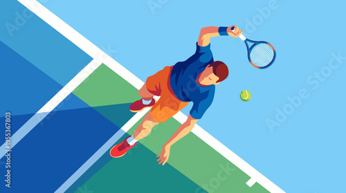 An energetic aerial view of a male tennis player performing a powerful serve on a vibrant court, showcasing the thrill of competition and athletic prowess.