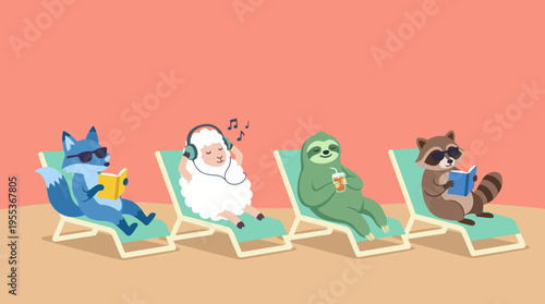 This charming illustration showcases a group of animals, including a fox and a sloth, lounging leisurely, promoting relaxation and the importance of downtime in our busy lives.