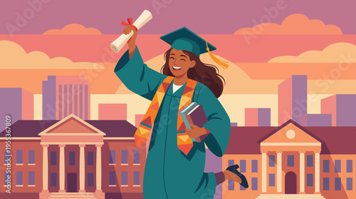 A happy graduate celebrating their academic achievement, holding a diploma and books, set against a vibrant campus backdrop at sunset depicting success and pride.