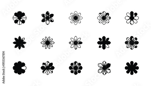 Fifteen assorted black ink blot icons depict different styles of stylized flower heads arranged in three.