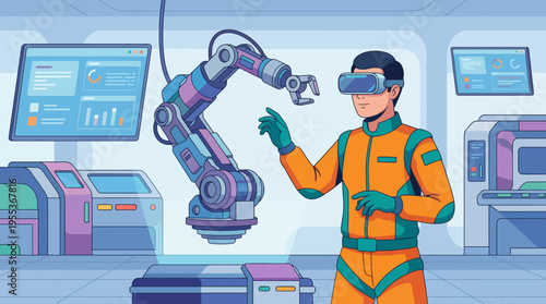 A futuristic scene featuring a man interacting with a robotic arm in a high-tech environment, illustrating the advancements in technology and human innovation.