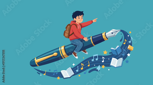 A young boy riding a large pen, surrounded by musical notes and books, symbolizing creativity, imagination, and a love for learning in a vibrant, playful style.