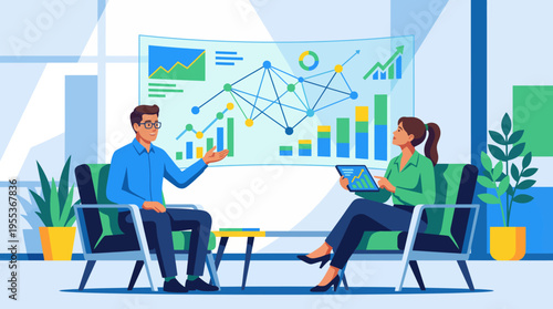 Two professionals engaged in a productive discussion with data visualizations, emphasizing collaboration, strategy, and insight in a trendy office environment.