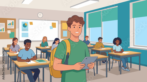 A cheerful student stands in a classroom holding a tablet, surrounded by classmates at their desks, engaged in learning and working together in a bright environment.