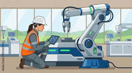 A focused engineer interacts with a robotic arm in a high-tech manufacturing facility, highlighting innovation and technology in modern engineering processes and automation.
