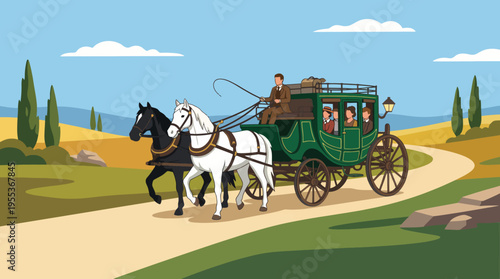 A picturesque horse-drawn carriage travels along a scenic road, showcasing a serene rural landscape with rolling hills and clear skies, evoking a sense of nostalgia.