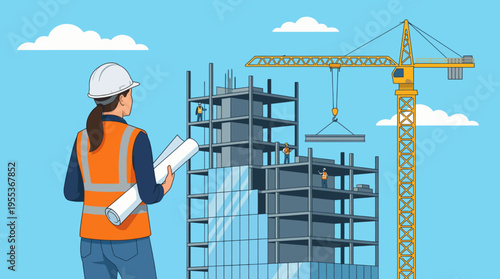 A construction manager inspects blueprints on a building site, guiding a team in the construction of a modern structure, embodying leadership and teamwork in urban development.