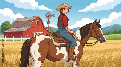 A confident cowgirl rides her horse in a rustic farm environment, showcasing the spirit of ranch life with a vibrant barn and scenic fields in the background.