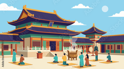 An illustration showcasing a traditional temple setting with figures in reverent poses, representing cultural practices and spirituality in a serene environment.