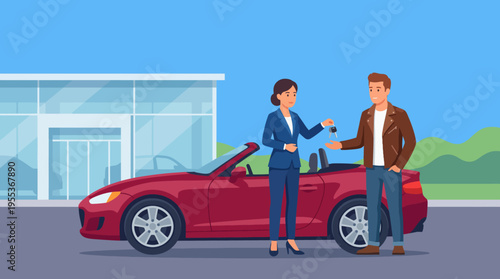 An illustration of a joyful car purchase moment, featuring a salesperson handing over keys to a happy customer in front of a sleek convertible vehicle.