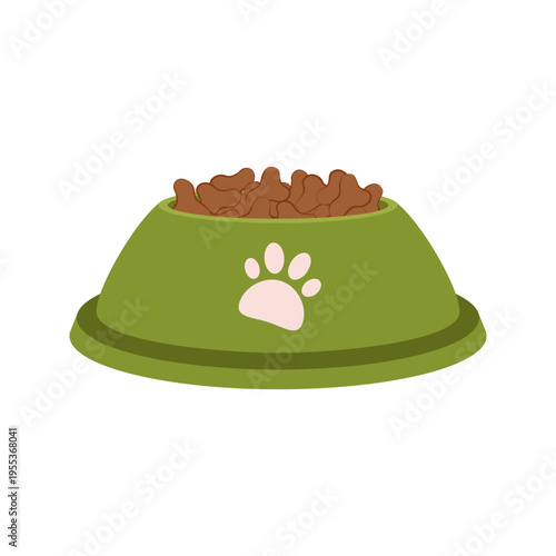 Flat illustrations of various pet feeding bowls and automatic food dispensers