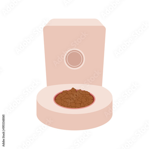 Flat illustrations of various pet feeding bowls and automatic food dispensers