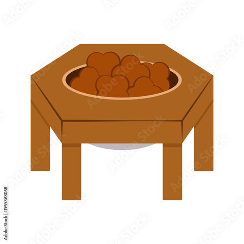 Flat illustrations of various pet feeding bowls and automatic food dispensers