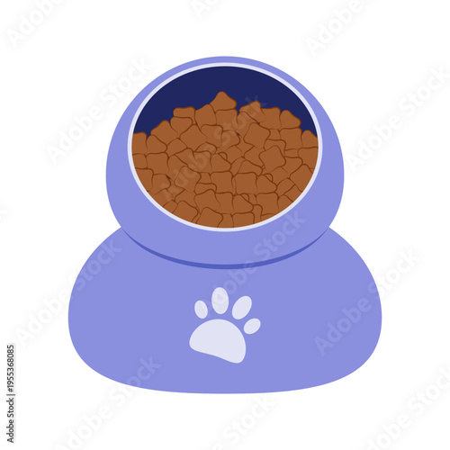 Flat illustrations of various pet feeding bowls and automatic food dispensers