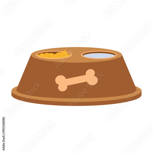 Flat illustrations of various pet feeding bowls and automatic food dispensers