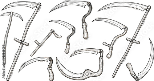 Vintage sickle and scythe tools collection with detailed harvest blades engraving vector illustration