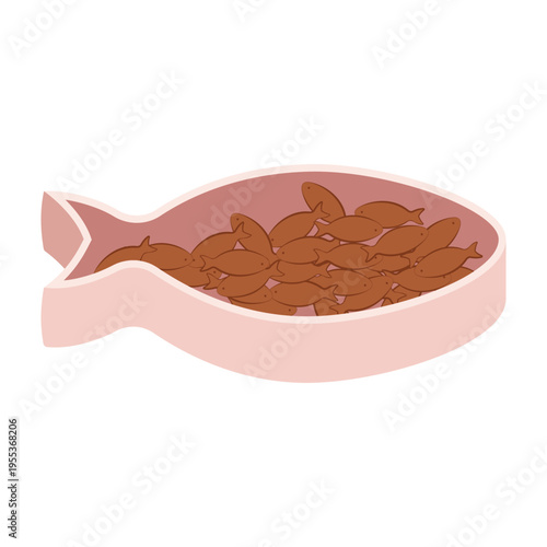 Flat illustrations of various pet feeding bowls and automatic food dispensers