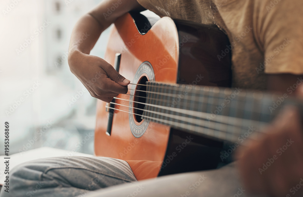 Fototapeta premium Practice, hands and woman with guitar in home with music, song and track for acoustic sound. House, musician and person with musical instrument for playing, performance and creativity for talent