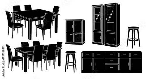Modern black furniture set with tables chairs cabinets and shelves on white background for interior design and decoration